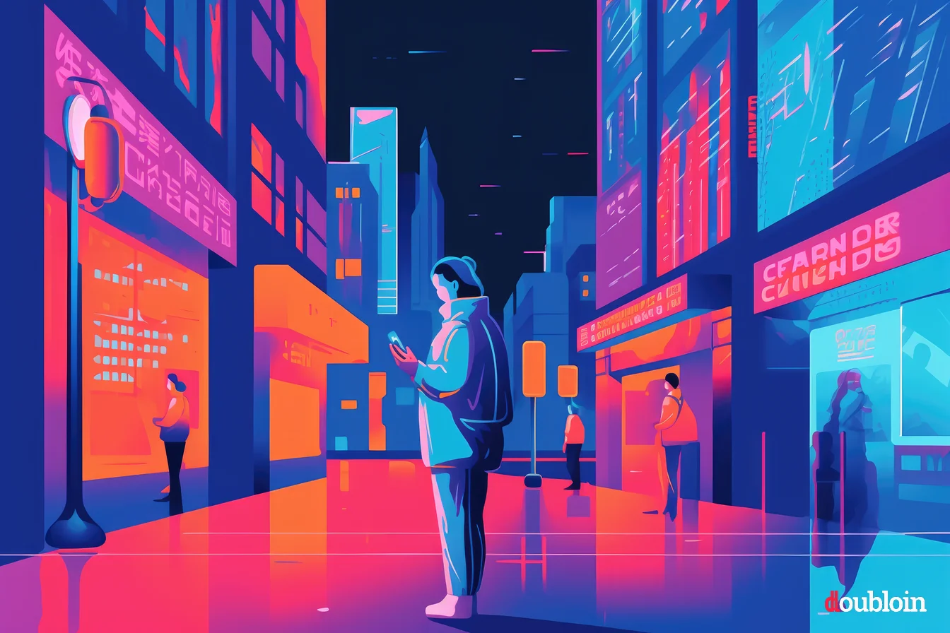 An illustration of a man walking down a city street at night while setting up a crypto mobile wallet.