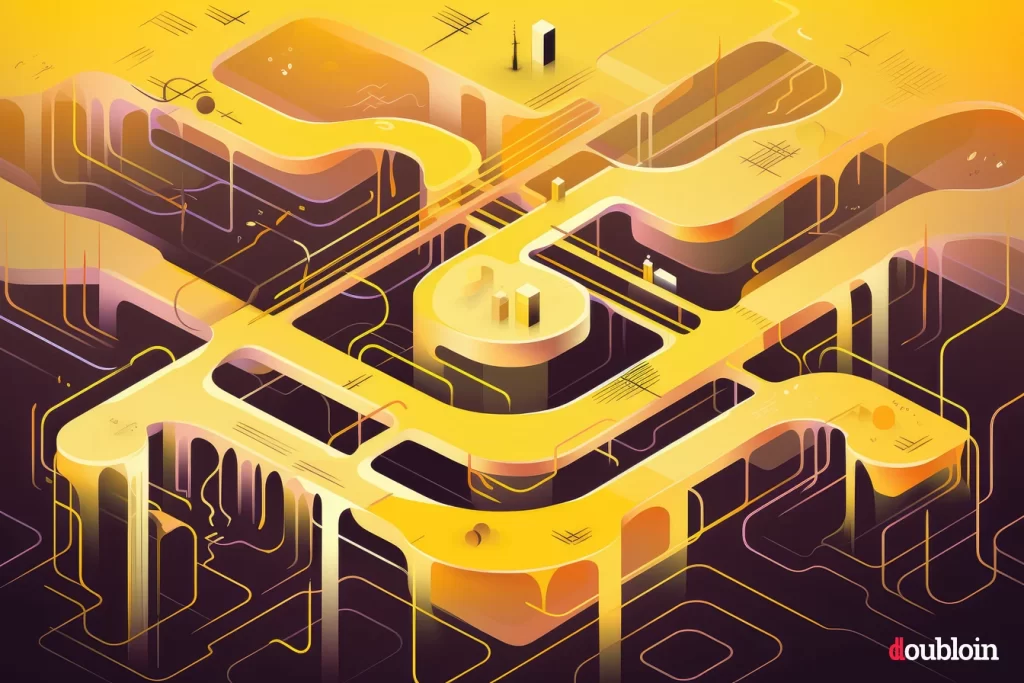 An abstract illustration of a city with a yellow background featuring the Binance Coin (BNB).