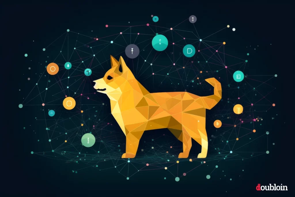 A low poly dogecoin with dots and circles around it.
